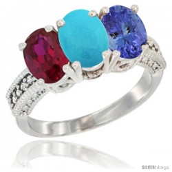 14K White Gold Natural Ruby, Turquoise & Tanzanite Ring 3-Stone Oval 7x5 mm Diamond Accent