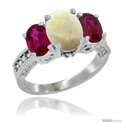 14K White Gold Ladies 3-Stone Oval Natural Opal Ring with Ruby Sides Diamond Accent