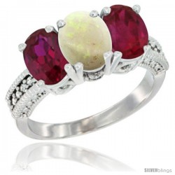 14K White Gold Natural Opal & Ruby Sides Ring 3-Stone 7x5 mm Oval Diamond Accent