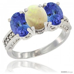 10K White Gold Natural Opal & Tanzanite Sides Ring 3-Stone Oval 7x5 mm Diamond Accent