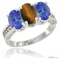 10K White Gold Natural Tiger Eye & Tanzanite Sides Ring 3-Stone Oval 7x5 mm Diamond Accent