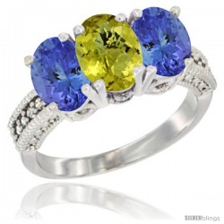 10K White Gold Natural Lemon Quartz & Tanzanite Sides Ring 3-Stone Oval 7x5 mm Diamond Accent