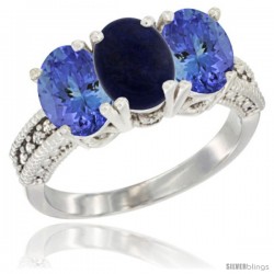 10K White Gold Natural Lapis & Tanzanite Sides Ring 3-Stone Oval 7x5 mm Diamond Accent