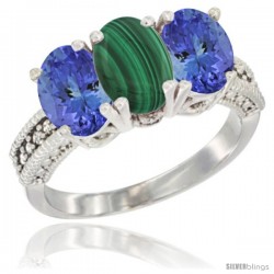 10K White Gold Natural Malachite & Tanzanite Sides Ring 3-Stone Oval 7x5 mm Diamond Accent