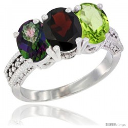 10K White Gold Natural Mystic Topaz, Garnet & Peridot Ring 3-Stone Oval 7x5 mm Diamond Accent