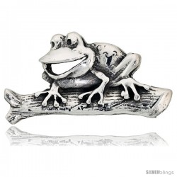 Sterling Silver Happy Frog on Log Brooch Pin, 1 1/2" (39 mm) wide