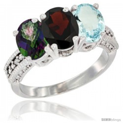 10K White Gold Natural Mystic Topaz, Garnet & Aquamarine Ring 3-Stone Oval 7x5 mm Diamond Accent