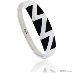 Sterling Silver Black Obsidian Inlay Bangle Bracelet Zigzag Pattern Handmade, 1/2 in wide