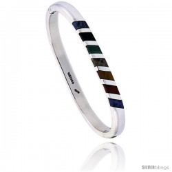 Sterling Silver Multi Color Stone Inlay Striped Bangle Bracelet Handmade, 1/4 in wide