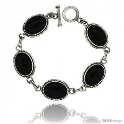 Sterling Silver Oval Black Obsidian Stone Link Bracelet Toggle Clasp, 5/8 in wide, 7 in