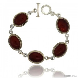 Sterling Silver Oval Carnelian Stone Link Bracelet Toggle Clasp, 11/16 in wide, 7.5 in