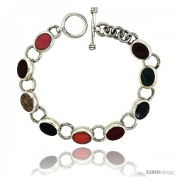 Sterling Silver Multi Color Stone Oval Link Bracelet Toggle Clasp, 3/8 in wide, 7.5 in