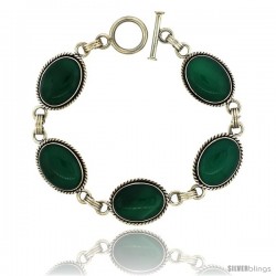 Sterling Silver Oval Malachite Stone Link Bracelet Toggle Clasp, 11/16 in wide, 7.5 in