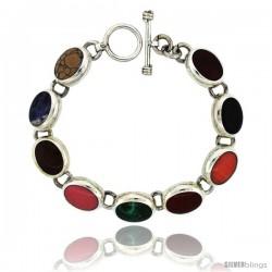 Sterling Silver Multi Color Stone Oval Link Bracelet Toggle Clasp, 1/2 in wide, 7.5 in