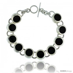 Sterling Silver Round Black Obsidian Stone Link 7.5 Bracelet w/ Toggle Type Lock, 9/16 in wide