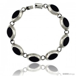 Sterling Silver Oval Black Obsidian Stone Link 7 Bracelet 1/2 in wide