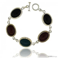 Sterling Silver Multi Color Stone Oval Link 7.5 Bracelet w/ Toggle Type Lock, 11/16 in wide