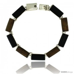 Sterling Silver Black Obsidian & Tiger Eye Stone Bar Link 7 Bracelet 3/8 in wide