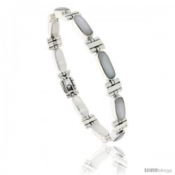 Sterling Silver Rectangular Bar Bracelet Single Row Mother of Pearl Stones, Fold Over Clasp, 7 1/4 in