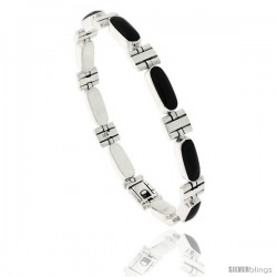 Sterling Silver Rectangular Bar Bracelet Single Row All Black Resin, Fold Over Clasp7 1/4 in