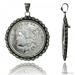 Sterling Silver 38 mm Silver Dollar & Mexican Olympic Coin Frame Bezel Pendant w/ Floral Edge Design