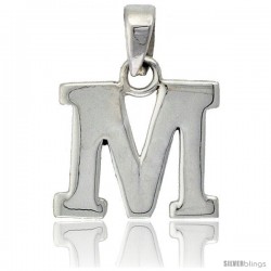 Sterling Silver Block Initial Letter M Aphabet Pendant Highly Polished, 1/2 in tall