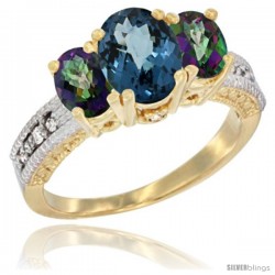 14k Yellow Gold Ladies Oval Natural London Blue 3-Stone Ring with Mystic Topaz Sides Diamond Accent