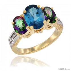 14K Yellow Gold Ladies 3-Stone Oval Natural London Blue Topaz Ring with Mystic Topaz Sides Diamond Accent