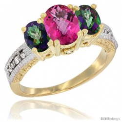 14k Yellow Gold Ladies Oval Natural Pink Topaz 3-Stone Ring with Mystic Topaz Sides Diamond Accent