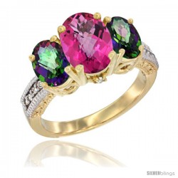 14K Yellow Gold Ladies 3-Stone Oval Natural Pink Topaz Ring with Mystic Topaz Sides Diamond Accent