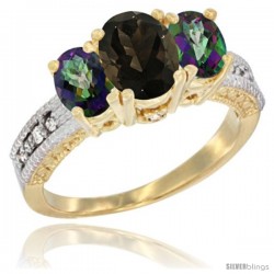 14k Yellow Gold Ladies Oval Natural Smoky Topaz 3-Stone Ring with Mystic Topaz Sides Diamond Accent