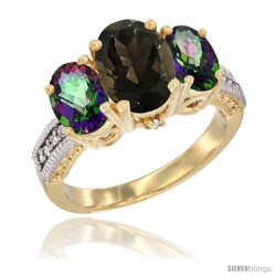 14K Yellow Gold Ladies 3-Stone Oval Natural Smoky Topaz Ring with Mystic Topaz Sides Diamond Accent