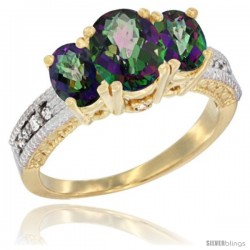 14k Yellow Gold Ladies Oval Natural Mystic Topaz 3-Stone Ring Diamond Accent