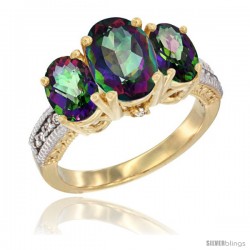 14K Yellow Gold Ladies 3-Stone Oval Natural Mystic Topaz Ring Diamond Accent