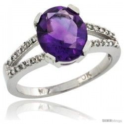 10k White Gold and Diamond Halo Amethyst Ring 2.4 carat Oval shape 10X8 mm, 3/8 in (10mm) wide