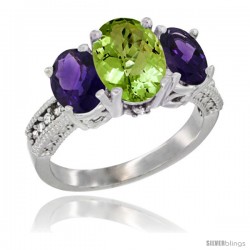 10K White Gold Ladies Natural Peridot Oval 3 Stone Ring with Amethyst Sides Diamond Accent