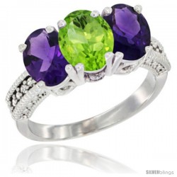 10K White Gold Natural Peridot & Amethyst Sides Ring 3-Stone Oval 7x5 mm Diamond Accent