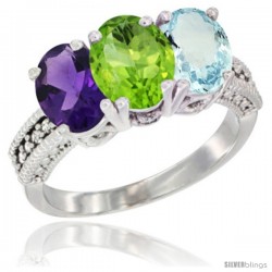 10K White Gold Natural Amethyst, Peridot & Aquamarine Ring 3-Stone Oval 7x5 mm Diamond Accent