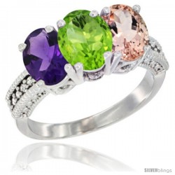 10K White Gold Natural Amethyst, Peridot & Morganite Ring 3-Stone Oval 7x5 mm Diamond Accent