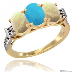 10K Yellow Gold Natural Turquoise & Opal Sides Ring 3-Stone Oval 7x5 mm Diamond Accent