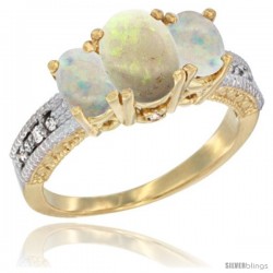 10K Yellow Gold Ladies Oval Natural Opal 3-Stone Ring Diamond Accent