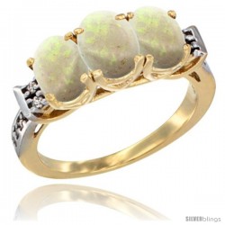 10K Yellow Gold Natural Opal Ring 3-Stone Oval 7x5 mm Diamond Accent