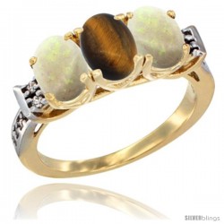 10K Yellow Gold Natural Tiger Eye & Opal Sides Ring 3-Stone Oval 7x5 mm Diamond Accent