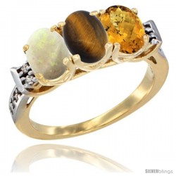 10K Yellow Gold Natural Opal, Tiger Eye & Whisky Quartz Ring 3-Stone Oval 7x5 mm Diamond Accent