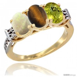 10K Yellow Gold Natural Opal, Tiger Eye & Lemon Quartz Ring 3-Stone Oval 7x5 mm Diamond Accent