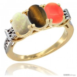 10K Yellow Gold Natural Opal, Tiger Eye & Coral Ring 3-Stone Oval 7x5 mm Diamond Accent