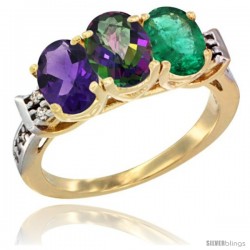10K Yellow Gold Natural Amethyst, Mystic Topaz & Emerald Ring 3-Stone Oval 7x5 mm Diamond Accent