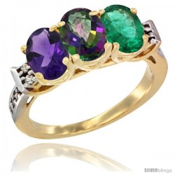 10K Yellow Gold Natural Amethyst, Mystic Topaz & Emerald Ring 3-Stone Oval 7x5 mm Diamond Accent