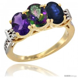 10K Yellow Gold Natural Amethyst, Mystic Topaz & Blue Sapphire Ring 3-Stone Oval 7x5 mm Diamond Accent