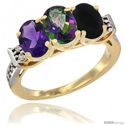 10K Yellow Gold Natural Amethyst, Mystic Topaz & Black Onyx Ring 3-Stone Oval 7x5 mm Diamond Accent